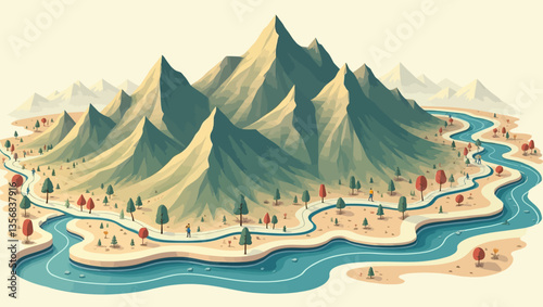 Vector artwork of towering mountain peaks with winding river in autumnal colors, showing a serene nature landscape.