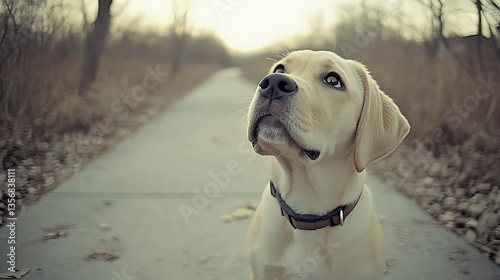 Cute yellow lab puppy looking up on path.