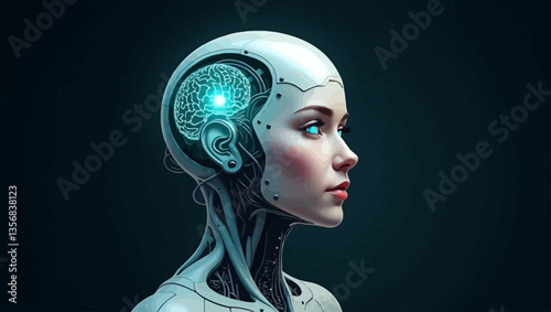 Profile of female AI android with illuminated brain and cybernetic parts, symbolizing advanced robotics and artificial intelligence.