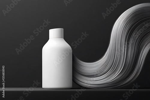 White shampoo or hair conditioner bottle with abstract flowing hair on black background