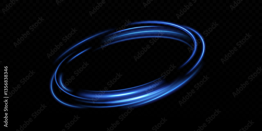 Dynamic blue lines of light with glow effect. Rotating light shiny rings. Abstract sparkling blue circles of movement.