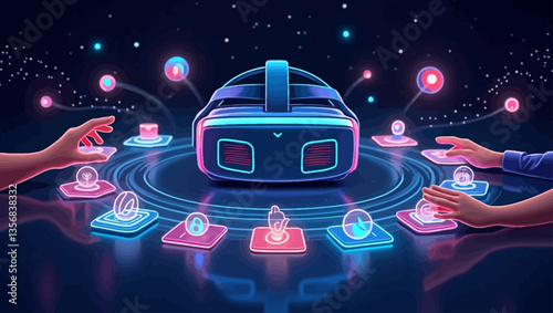 Futuristic VR headset with glowing interface and floating interactive icons, symbolizing immersive metaverse experience.