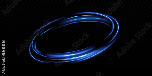 Dynamic blue lines of light with glow effect. Rotating light shiny rings. Abstract sparkling blue circles of movement.