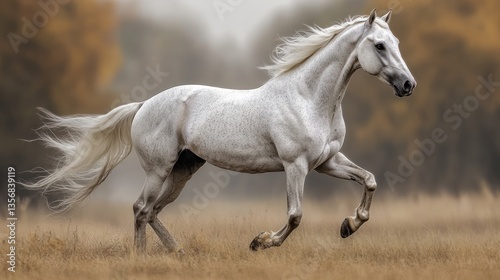 Majestic White Horse Galloping Through Autumnal Field