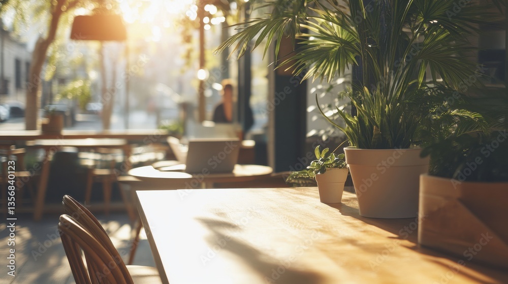 Fototapeta premium Cozy Cafe Interior with Natural Light and Greenery in Morning Glow