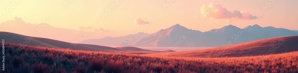 Fototapeta premium Abstract minimalist landscape with mountains, fields, clouds, and warm-toned sky, perfect for prints, interiors, decoration, covers, banners, abstract, design