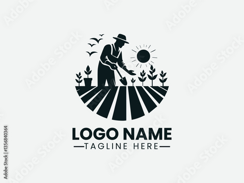 farmer planting seedling silhouette. Sustainable agriculture logo