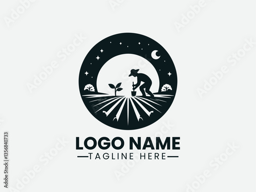 farmer planting seedling silhouette. Sustainable agriculture logo