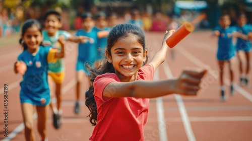Joyful girl sprinting with baton during school relay race event