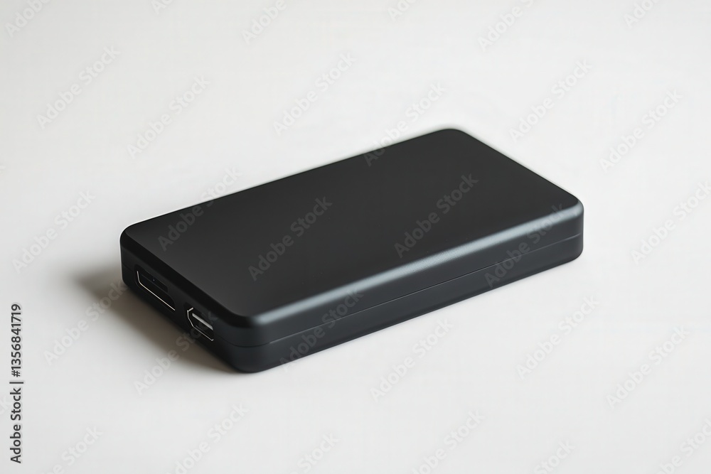 Fototapeta premium Sleek black external hard drive on a white background.