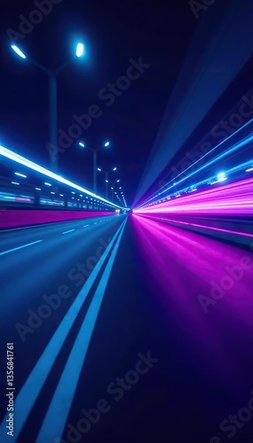 Abstract motion blur background of high speed technology concept in blue and purple neon glow colors, representing speed motion on the road,  blue,  abstract