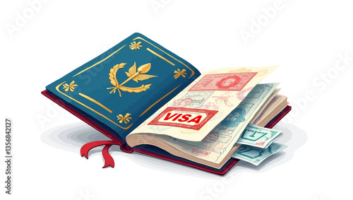 Opened passport showing various stamps and a prominent visa page, symbolizing global travel and adventure.