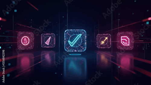 Digital Network Icons: A futuristic and dynamic display of interconnected digital icons, each glowing with vibrant neon colors, is set against a backdrop of a complex data network.