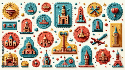 Travel Stamps: A collection of beautifully designed travel stamps and icons, featuring iconic landmarks and travel-related elements. 