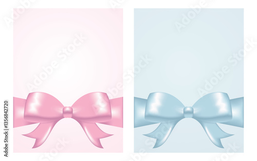 Set of vertical templates for making cards, cards for gender reveal party, gift wrap with pink and blue satin bow and ribbon