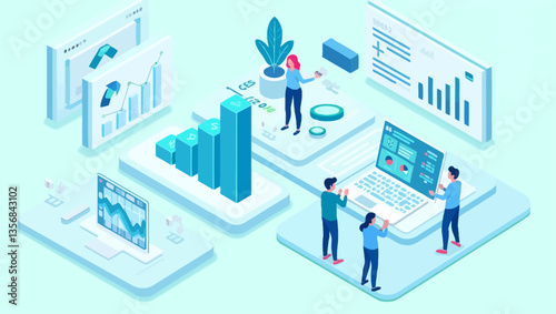 Data-Driven Collaboration: A team of individuals collaborate on data analytics in a digital landscape, analyzing charts and graphs to drive business insights.
