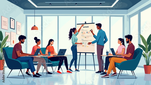 Group of professionals analyzing business strategy on a flip chart in a bright office setting during a team meeting.