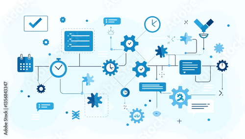 Workflow automation concept with interconnected gears, icons, and charts symbolizing task management and process optimization.