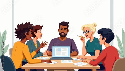  Office team collaborating and analyzing documents with laptop in a strategic business meeting with creative planning.