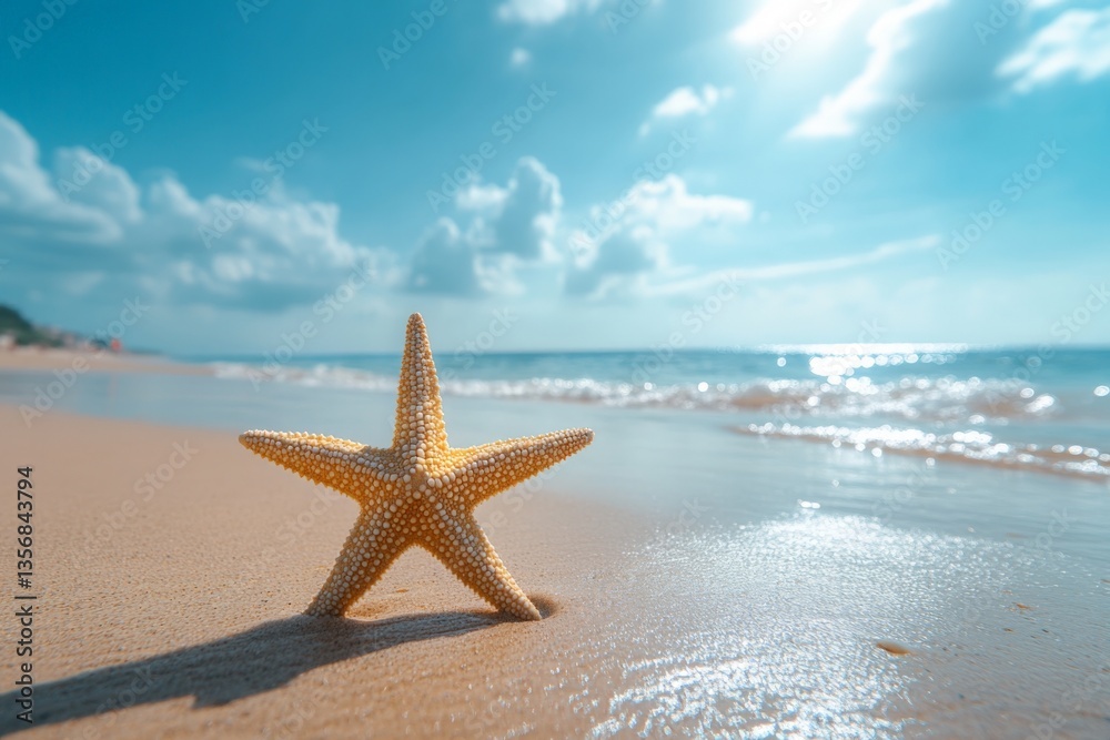 Starfish on a sandy beach with gentle waves and sunny sky in the background during a bright afternoon Starfish on a sandy beach with gentle waves and sunny sky in the background during a bright afternoon