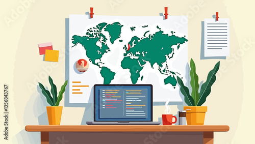  Remote workspace with laptop and green world map, symbolizing global freelance work, digital nomad lifestyle, and online productivity.