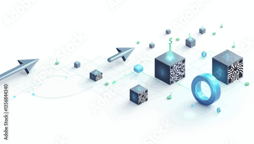 Futuristic blockchain concept with arrows, QR blocks, and 3D tokens representing data flow and smart contract automation.