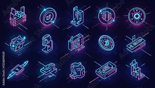  Futuristic isometric neon icons of crypto mining hardware, finance tech, and digital data devices for blockchain systems.