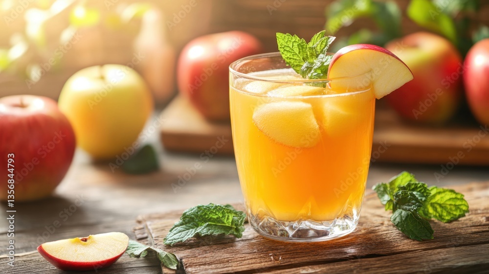 A refreshing glass of freshly squeezed apple juice, garnished with a slice of apple and a sprig of mint, placed on a wooden counter. A refreshing glass of freshly squeezed apple juice, garnished with a slice of apple and a sprig of mint, placed on a wooden counter.