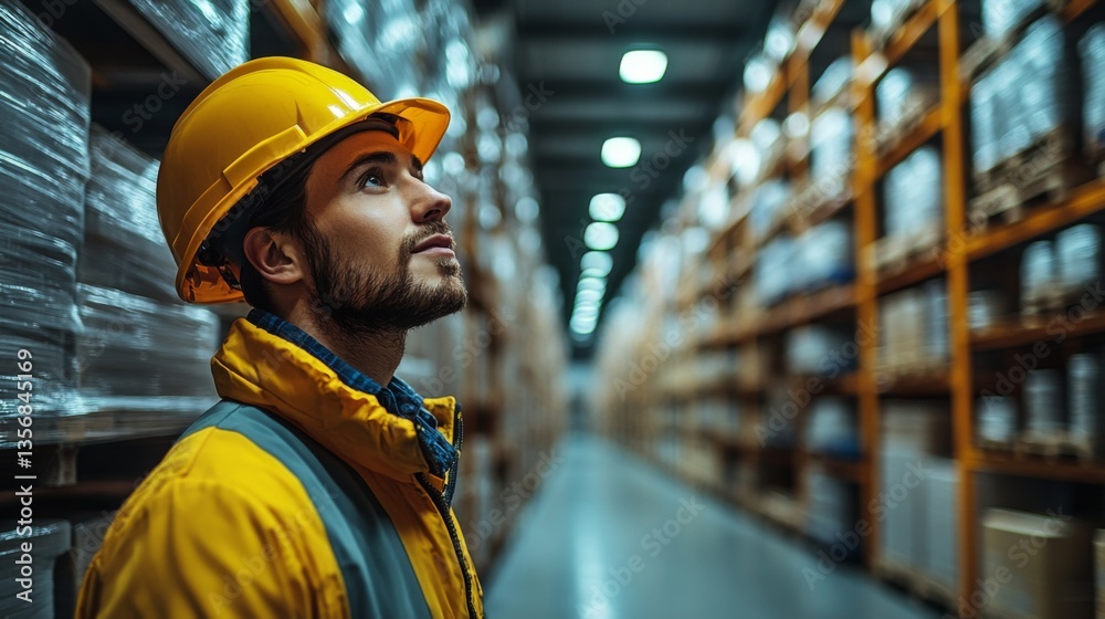 A warehouse worker in protective gear looks up while surrounded by tall shelves filled with boxes, signifying efficient inventory management and logistics. A warehouse worker in protective gear looks up while surrounded by tall shelves filled with boxes, signifying efficient inventory management and logistics.