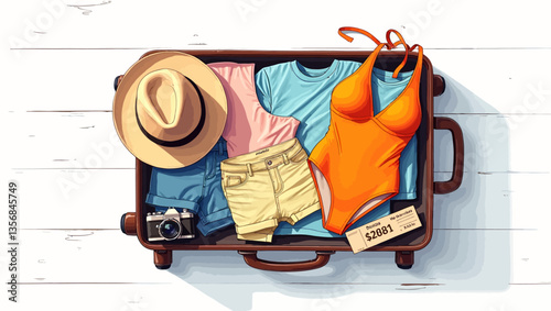 Flat lay view of women's holiday suitcase including swimsuit, hat, clothes, camera, and boarding pass ready for summer travel.
