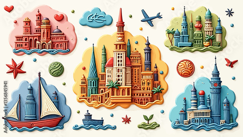 Colorful vector illustrations of famous cityscapes and travel icons including boats, buildings, planes and global symbols.