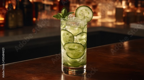 A refreshing vodka tonic cocktail with cucumber slices, mint, and lime, served in a tall glass filled with ice cubes on a bar counter.