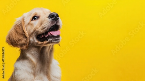 Adorable Golden Retriever puppy looks up expectantly against a vibrant yellow background perfect for dog food advertisement showcasing healthy happy pets and premium nutrition.