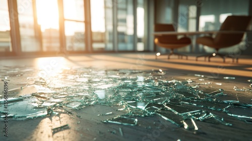 3D rendering of a broken glass window in a modern office interior with sunlight shining through.