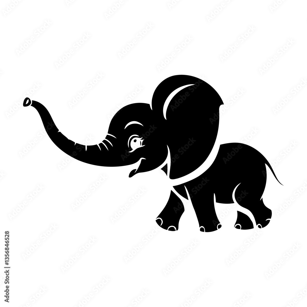 Obraz premium A minimalistic black and white vector illustration of a happy baby elephant with its trunk swinging in a playful way on a clean white background.