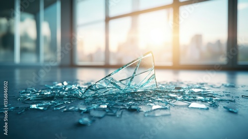 3D rendering of a broken glass window in a modern office interior with sunlight shining through.
