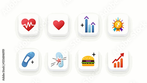 Flat design square icons showing heart rate, fitness, burger, chart, and wellness activity symbols.