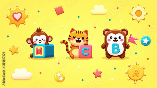 Happy cartoon animals playing with ABC letter blocks on a bright yellow background, ideal for preschool designs.