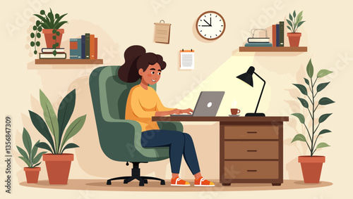 Young woman working remotely in home office with cozy surroundings, bookshelves, clock, and soft lighting setup.