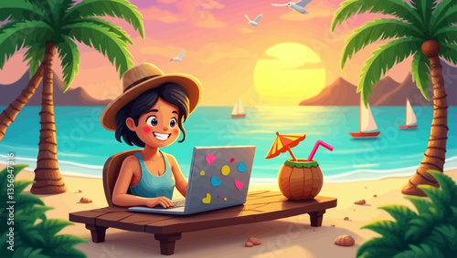 Smiling young woman working on laptop at the beach during sunset with palm trees and tropical drink, representing digital nomad life.