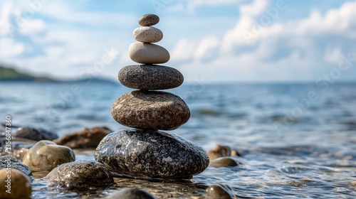 Balanced stone tower seaside nature photography tranquil environment close-up view mindfulness concept