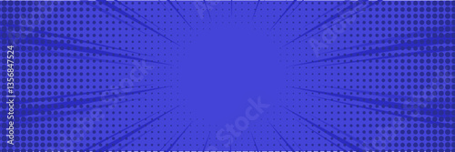 Comic background. Pop art texture. Starburst cartoon style. Anime design with explosion effect for print. Fun dot pattern. Blue backdrop with halftone gradient.