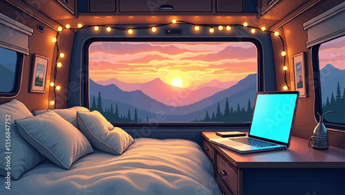 Interior of a cozy van with bed and laptop, looking out to a stunning sunset over mountains through the back window.