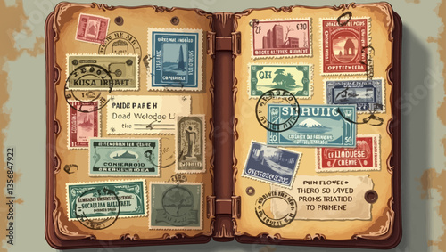 Open travel scrapbook filled with vintage stamps, ticket stubs, and colorful destination labels in retro explorer style.