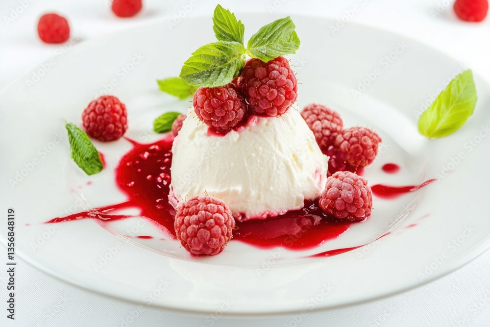 Stylish and healthy raspberry dessert served on a white plate  