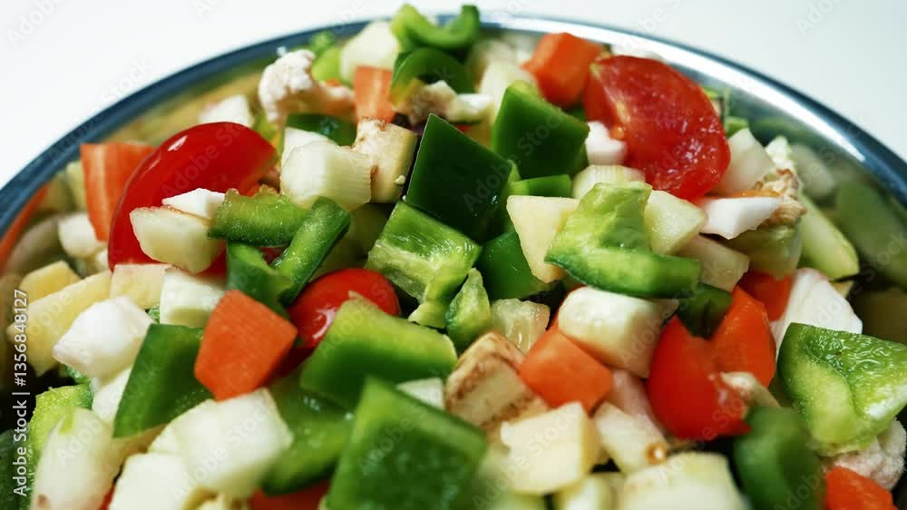 Chopped Fresh Vegetables in a Bowl, A close-up of a bowl filled with chopped fresh vegetables, including green bell peppers Chopped Fresh Vegetables in a Bowl, A close-up of a bowl filled with chopped fresh vegetables, including green bell peppers