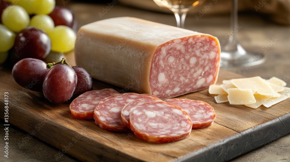 A rustic wooden cutting board with slices of mortadella, Parmigiano Reggiano, and fresh grapes, ready to be served with a glass of wine. A rustic wooden cutting board with slices of mortadella, Parmigiano Reggiano, and fresh grapes, ready to be served with a glass of wine.