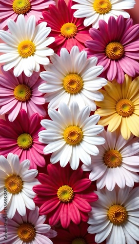 Abstract photo featuring vibrant daisy flowers in a circular pattern,  petals,  flora