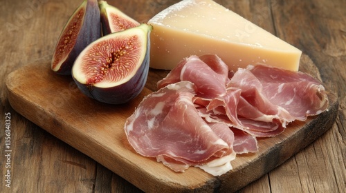A rustic wooden cutting board with slices of prosciutto di Parma, a wedge of Parmigiano Reggiano, and fresh figs.