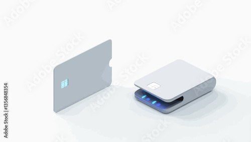 Minimalistic 3D illustration of a digital card reader with blue glowing NFC signal for contactless payment.
